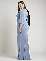 Alt View 2 Thumbnail - Sky Blue & Evergreen Bishop Sleeve Open-Back Trumpet Gown with Scarf Tie