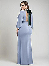 Alt View 3 Thumbnail - Sky Blue & Evergreen Bishop Sleeve Open-Back Trumpet Gown with Scarf Tie