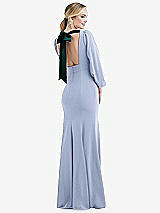 Front View Thumbnail - Sky Blue & Evergreen Bishop Sleeve Open-Back Trumpet Gown with Scarf Tie