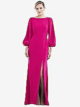 Rear View Thumbnail - Think Pink & Evergreen Bishop Sleeve Open-Back Trumpet Gown with Scarf Tie