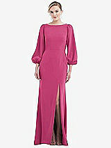 Rear View Thumbnail - Tea Rose & Evergreen Bishop Sleeve Open-Back Trumpet Gown with Scarf Tie