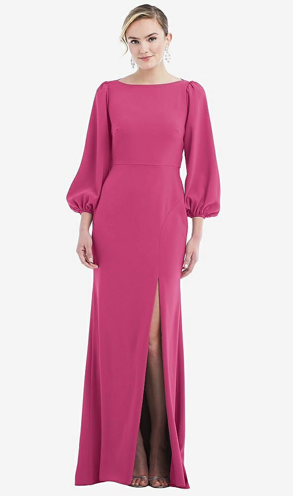 Back View - Tea Rose & Evergreen Bishop Sleeve Open-Back Trumpet Gown with Scarf Tie