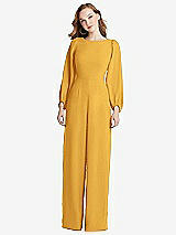 Rear View Thumbnail - NYC Yellow & Willow Green Bishop Sleeve Open-Back Jumpsuit with Scarf Tie