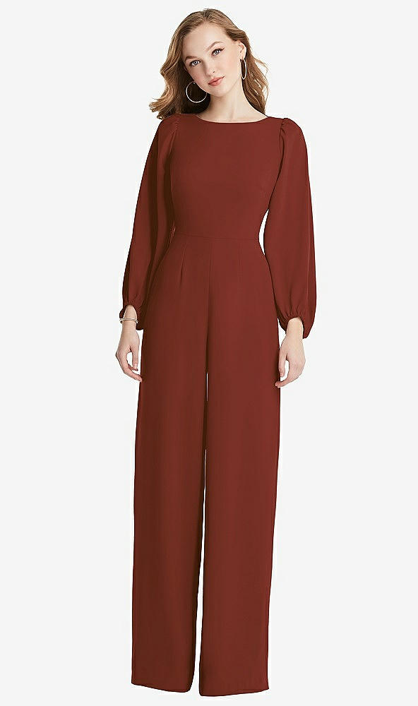 Back View - Auburn Moon & Willow Green Bishop Sleeve Open-Back Jumpsuit with Scarf Tie