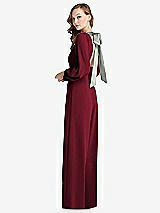 Alt View 1 Thumbnail - Burgundy & Willow Green Bishop Sleeve Open-Back Jumpsuit with Scarf Tie
