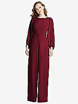 Rear View Thumbnail - Burgundy & Willow Green Bishop Sleeve Open-Back Jumpsuit with Scarf Tie