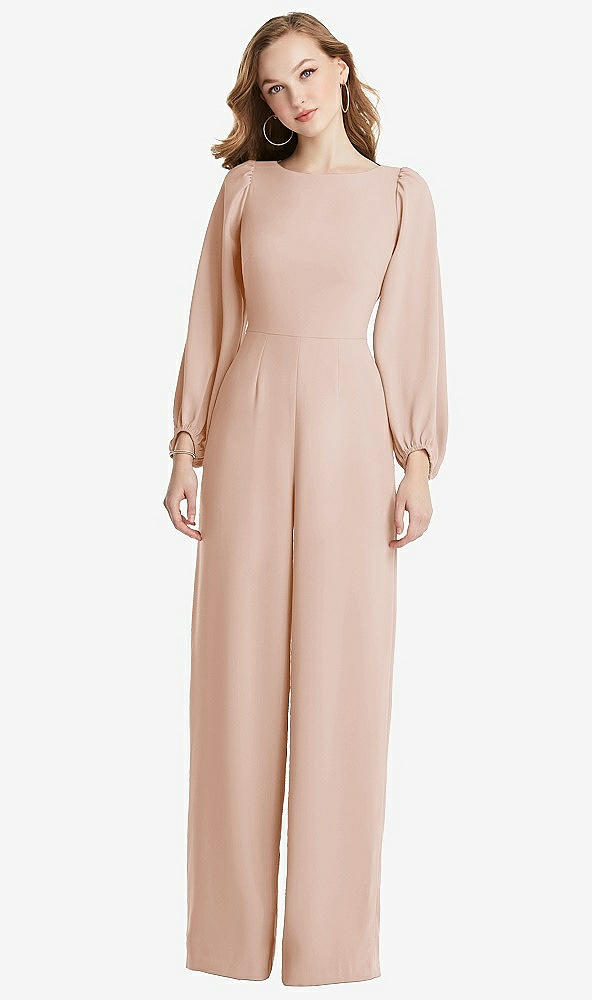 Back View - Cameo & Willow Green Bishop Sleeve Open-Back Jumpsuit with Scarf Tie