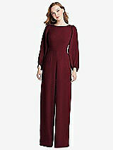 Rear View Thumbnail - Cabernet & Willow Green Bishop Sleeve Open-Back Jumpsuit with Scarf Tie