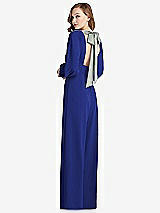 Front View Thumbnail - Cobalt Blue & Willow Green Bishop Sleeve Open-Back Jumpsuit with Scarf Tie