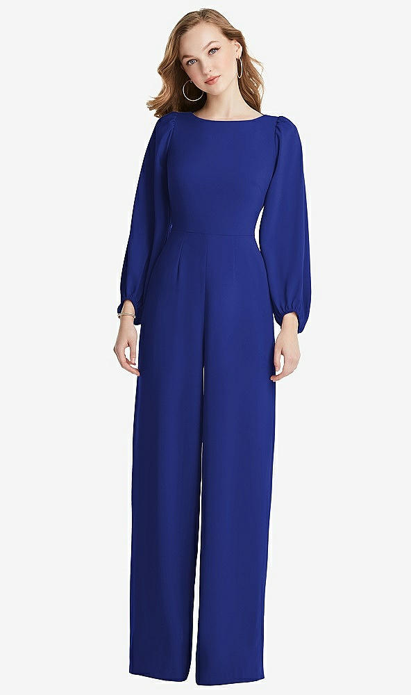 Back View - Cobalt Blue & Willow Green Bishop Sleeve Open-Back Jumpsuit with Scarf Tie