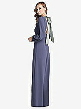 Alt View 1 Thumbnail - French Blue & Willow Green Bishop Sleeve Open-Back Jumpsuit with Scarf Tie