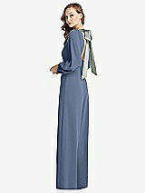 Alt View 1 Thumbnail - Larkspur Blue & Willow Green Bishop Sleeve Open-Back Jumpsuit with Scarf Tie