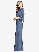 Side View Thumbnail - Larkspur Blue & Willow Green Bishop Sleeve Open-Back Jumpsuit with Scarf Tie