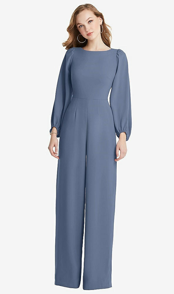 Back View - Larkspur Blue & Willow Green Bishop Sleeve Open-Back Jumpsuit with Scarf Tie