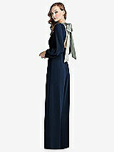 Alt View 1 Thumbnail - Midnight Navy & Willow Green Bishop Sleeve Open-Back Jumpsuit with Scarf Tie