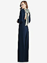 Front View Thumbnail - Midnight Navy & Willow Green Bishop Sleeve Open-Back Jumpsuit with Scarf Tie