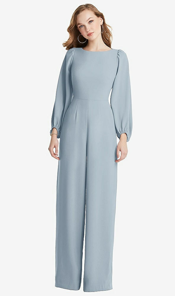 Back View - Mist & Willow Green Bishop Sleeve Open-Back Jumpsuit with Scarf Tie