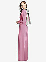 Alt View 1 Thumbnail - Powder Pink & Willow Green Bishop Sleeve Open-Back Jumpsuit with Scarf Tie
