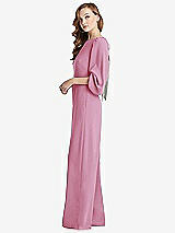 Side View Thumbnail - Powder Pink & Willow Green Bishop Sleeve Open-Back Jumpsuit with Scarf Tie