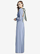 Alt View 1 Thumbnail - Sky Blue & Willow Green Bishop Sleeve Open-Back Jumpsuit with Scarf Tie