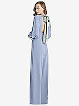 Front View Thumbnail - Sky Blue & Willow Green Bishop Sleeve Open-Back Jumpsuit with Scarf Tie
