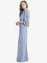 Side View Thumbnail - Sky Blue & Willow Green Bishop Sleeve Open-Back Jumpsuit with Scarf Tie