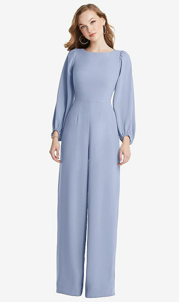 Back View - Sky Blue & Willow Green Bishop Sleeve Open-Back Jumpsuit with Scarf Tie