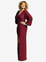 Side View Thumbnail - Burgundy Long Puff Sleeve V-Neck Trumpet Gown