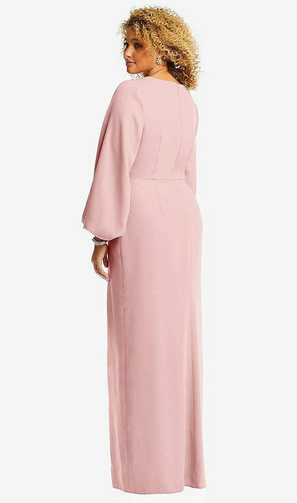 Back View - Rose Long Puff Sleeve V-Neck Trumpet Gown