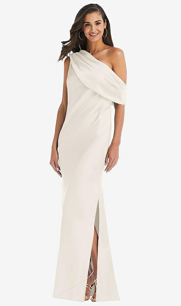 Front View - Ivory Draped One-Shoulder Convertible Maxi Slip Dress