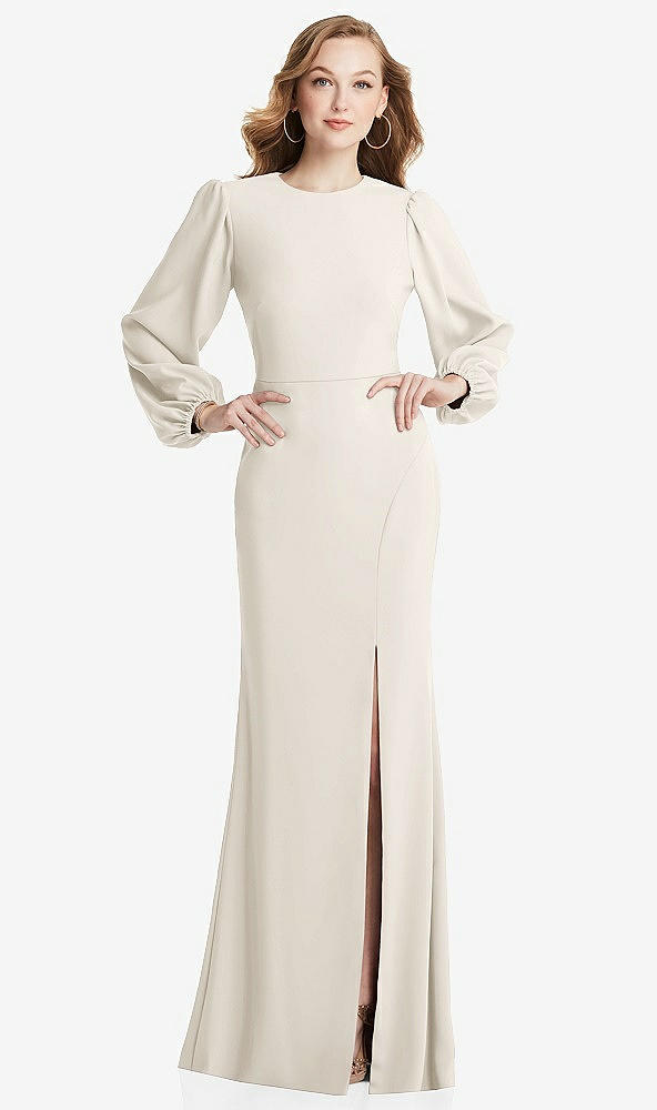 Back View - Ivory Long Puff Sleeve Maxi Dress with Cutout Tie-Back