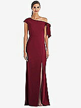 Front View Thumbnail - Burgundy Off-the-Shoulder Tie Detail Trumpet Gown with Front Slit