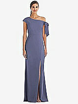 Front View Thumbnail - French Blue Off-the-Shoulder Tie Detail Trumpet Gown with Front Slit