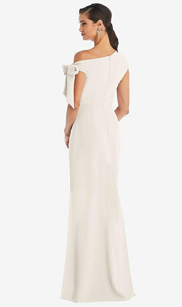 Back View - Ivory Off-the-Shoulder Tie Detail Trumpet Gown with Front Slit