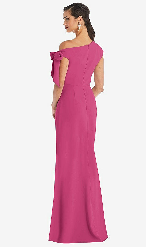 Back View - Tea Rose Off-the-Shoulder Tie Detail Trumpet Gown with Front Slit