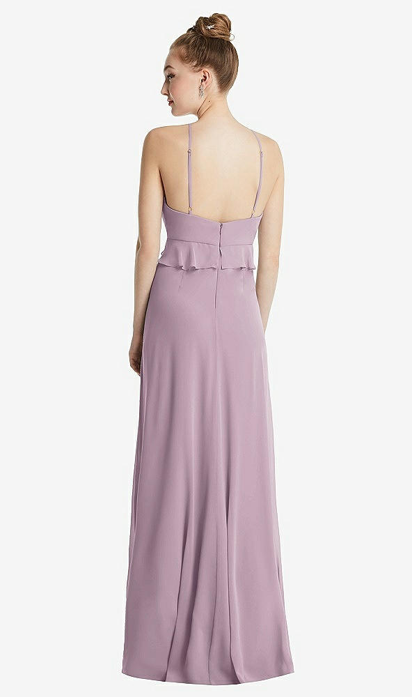 Back View - Suede Rose Bias Ruffle Empire Waist Halter Maxi Dress with Adjustable Straps