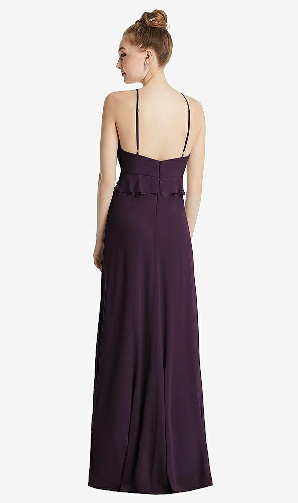 Back View - Aubergine Bias Ruffle Empire Waist Halter Maxi Dress with Adjustable Straps