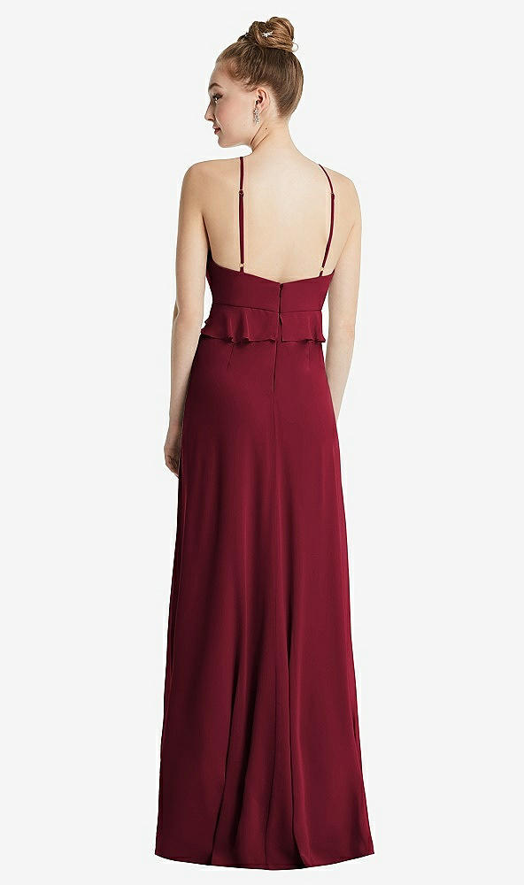 Back View - Burgundy Bias Ruffle Empire Waist Halter Maxi Dress with Adjustable Straps