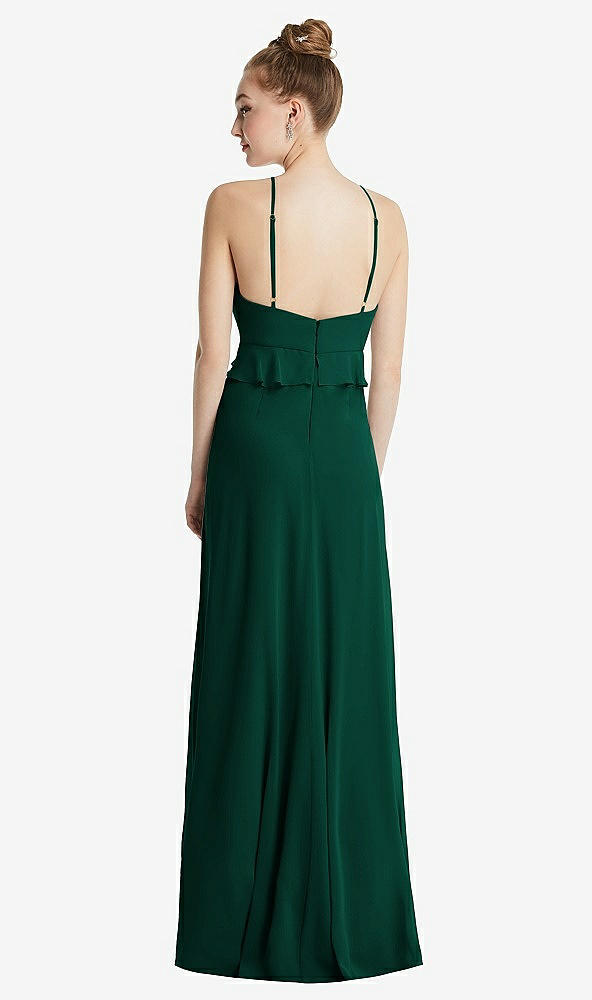Back View - Hunter Green Bias Ruffle Empire Waist Halter Maxi Dress with Adjustable Straps