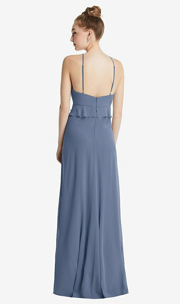Back View - Larkspur Blue Bias Ruffle Empire Waist Halter Maxi Dress with Adjustable Straps