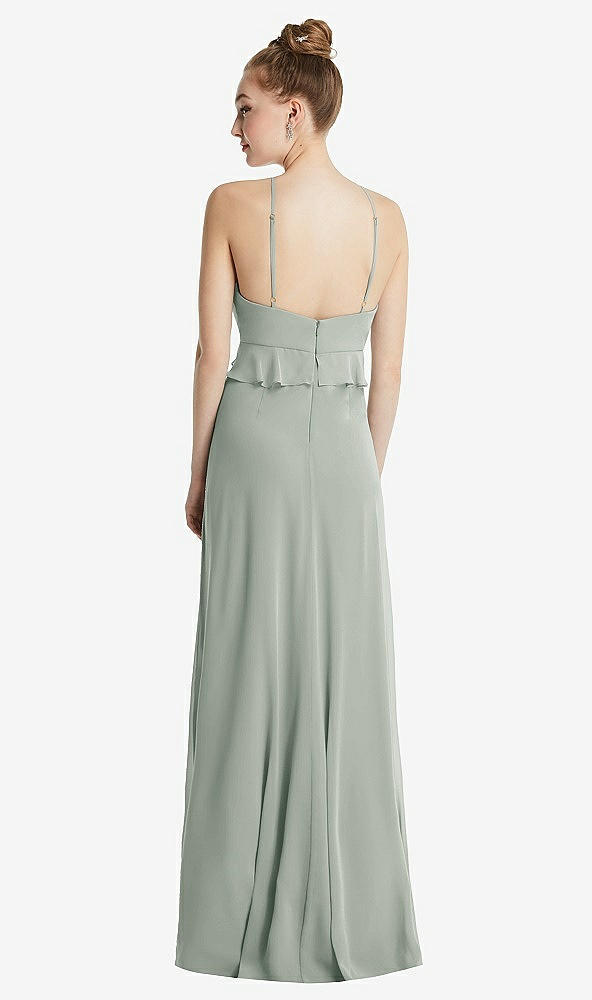 Back View - Willow Green Bias Ruffle Empire Waist Halter Maxi Dress with Adjustable Straps