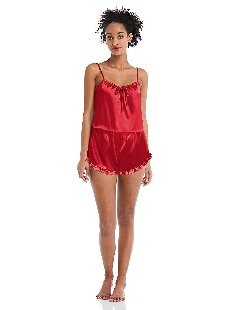 Front View - Parisian Red Satin Ruffle-Trimmed Lounge Shorts with Pockets - Cali