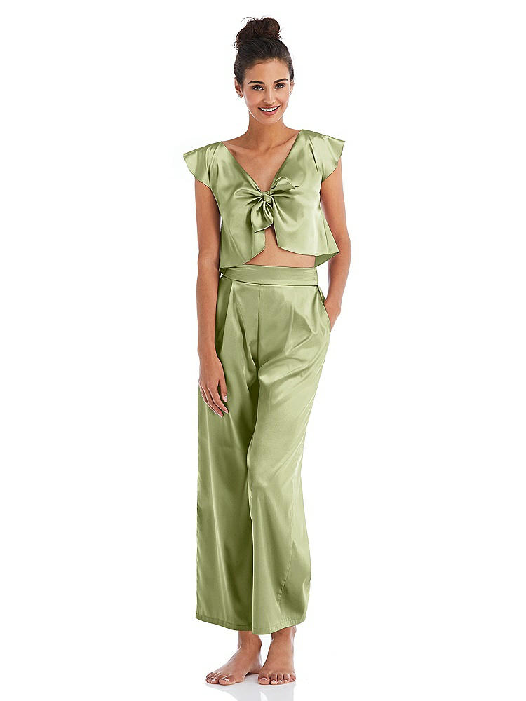 Front View - Mint Satin Ankle Wide-Leg Lounge Pants - Vic