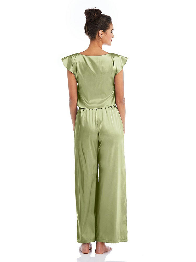 Back View - Mint Satin Ankle Wide-Leg Lounge Pants - Vic