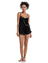 Front View Thumbnail - Black Velvet Ruffle-Trimmed Lounge Shorts with Pockets - Willa