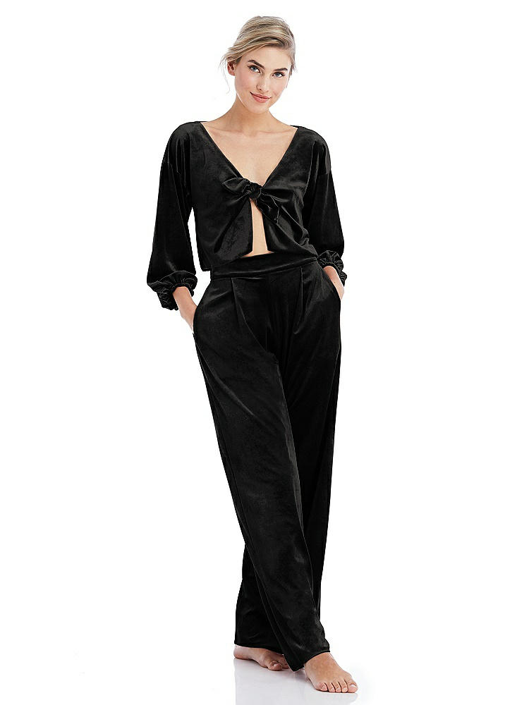 Front View - Black Velvet Lounge Pants with Pockets - Cleo
