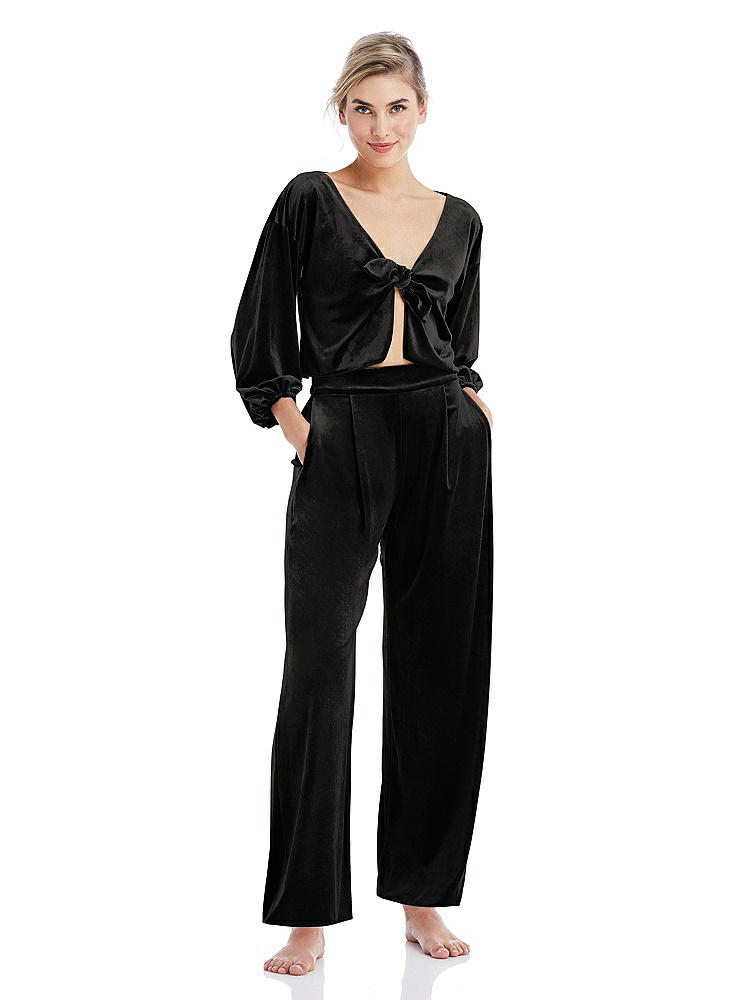 Front View - Black Velvet Ankle Wide-Leg Lounge Pants - Billie