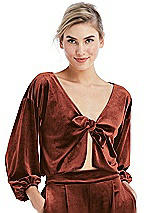 Front View Thumbnail - Auburn Moon Tie-Front Velvet Puff Sleeve Top - Poppy