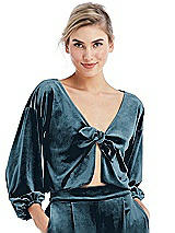 Front View Thumbnail - Dutch Blue Tie-Front Velvet Puff Sleeve Top - Poppy