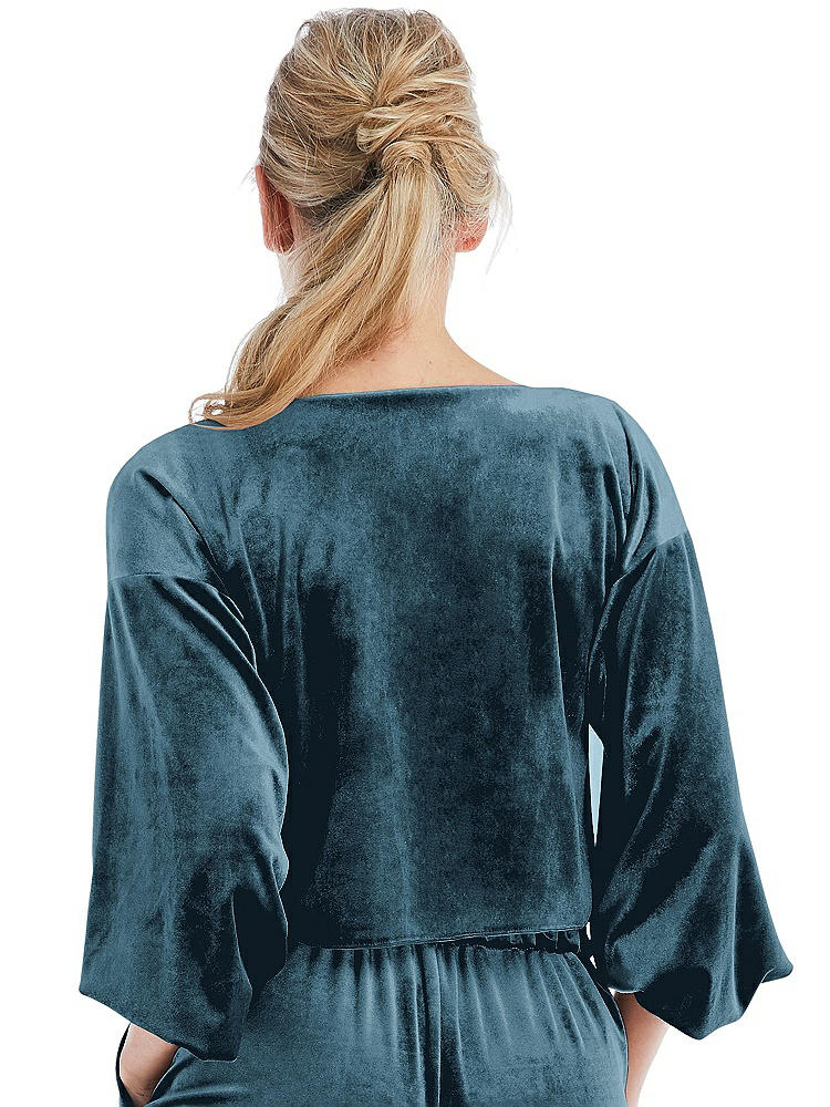 Back View - Dutch Blue Tie-Front Velvet Puff Sleeve Top - Poppy